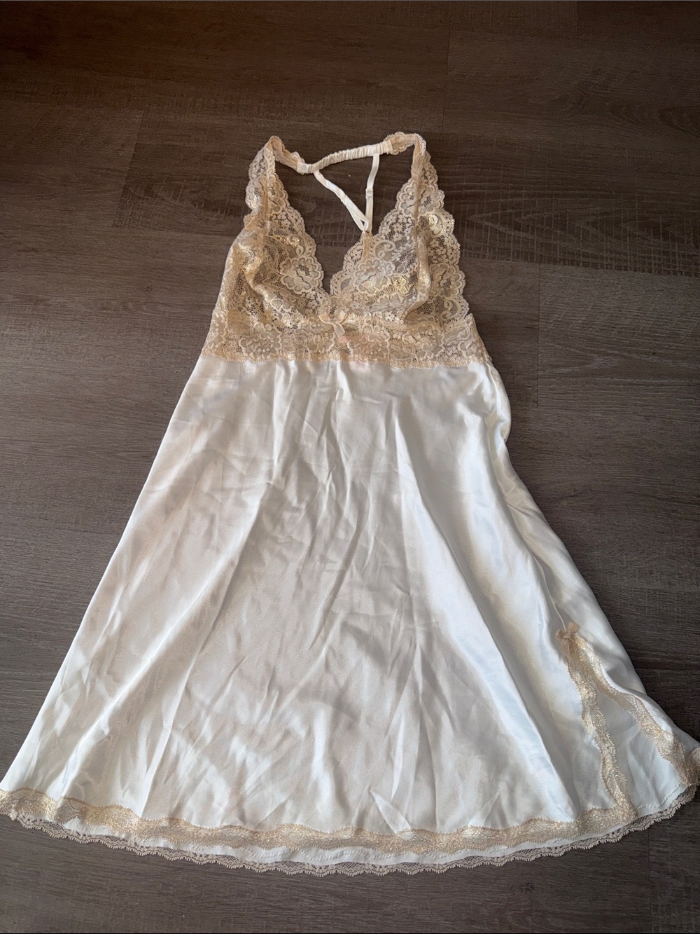Victoria’s Secret Ivory Satin & Beige Lace Halter Slip Nightgown - Size Small